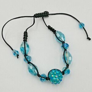 Vintage Y2K Aqua Blue Crystal Shamballa Adjustable Cord Bracelet Disco Ball Boho